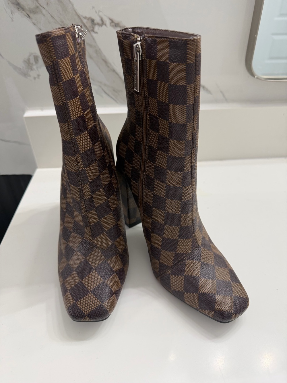 Brown Checkered Women's Block Heel Ankle Boots